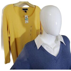 2 Cotton Knit Tees 0XL 3/4 Sleeves Blue Mock Layer Yellow Round Neck Womens NWT